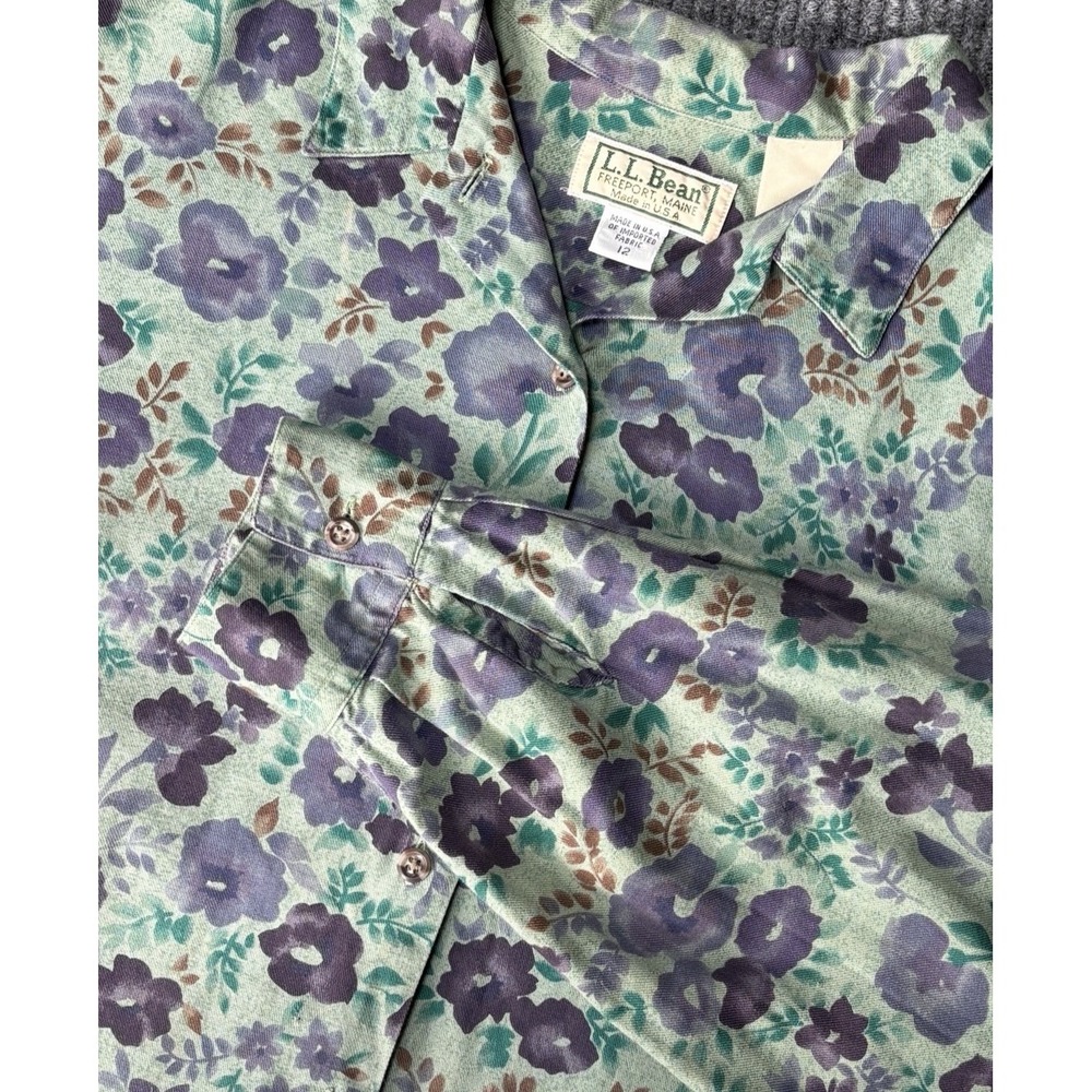 Vintage LL Bean Floral Shirt Womens 12 Made USA Button Front Cottagecore 90s